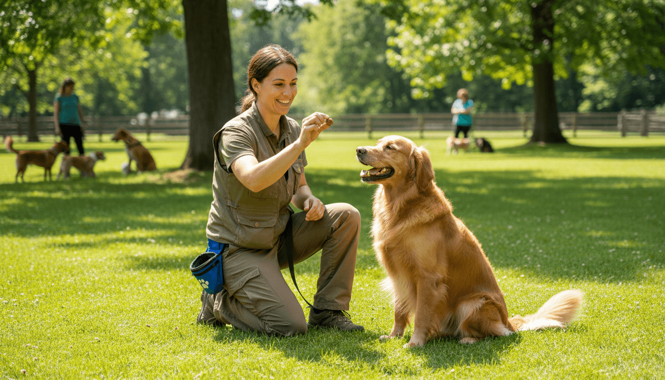Dog trainer giving a treat to a happy golden retriever in a bright park