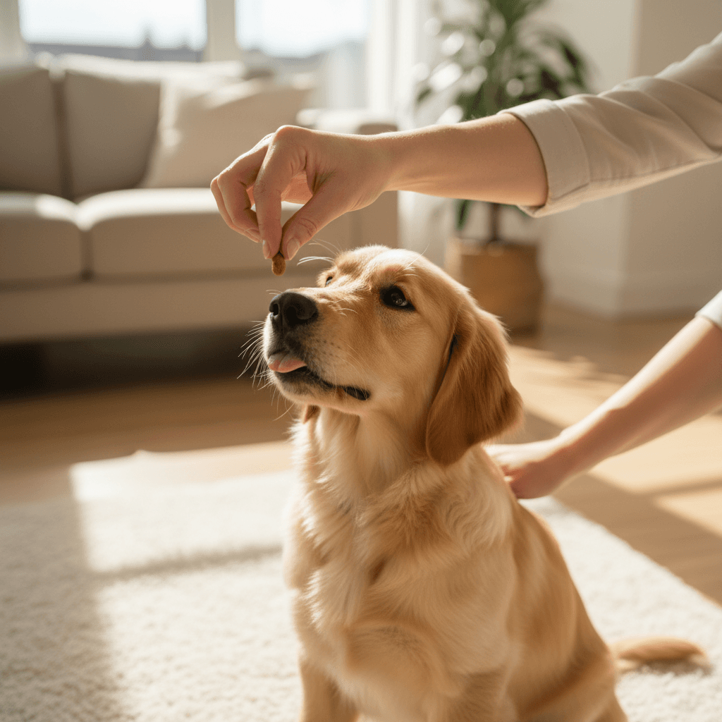 Puppy learning sit with a treat reward