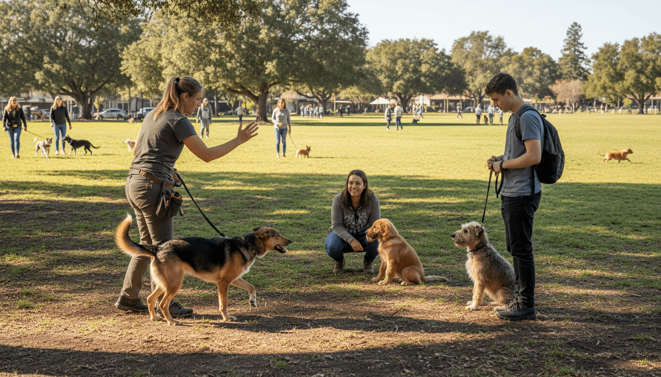 Dog trainer kneeling in a sunny park, rewarding a happy dog with a treat during a training session