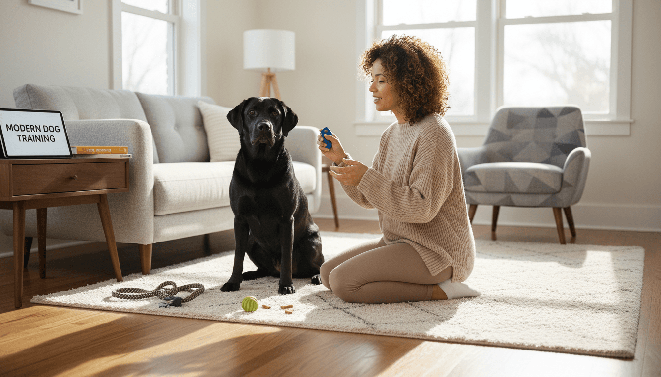 Trainer guiding a dog through a positive training exercise in a bright room